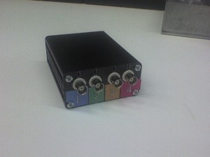 How it looks like in box. In front there are four BNC connectors, in rear there is a micro usb port.